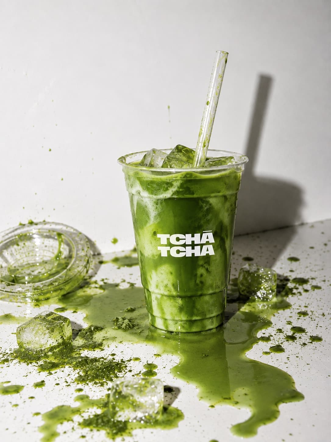 氷と、こぼれた抹茶に囲まれた Tchá Tchá のアイス抹茶