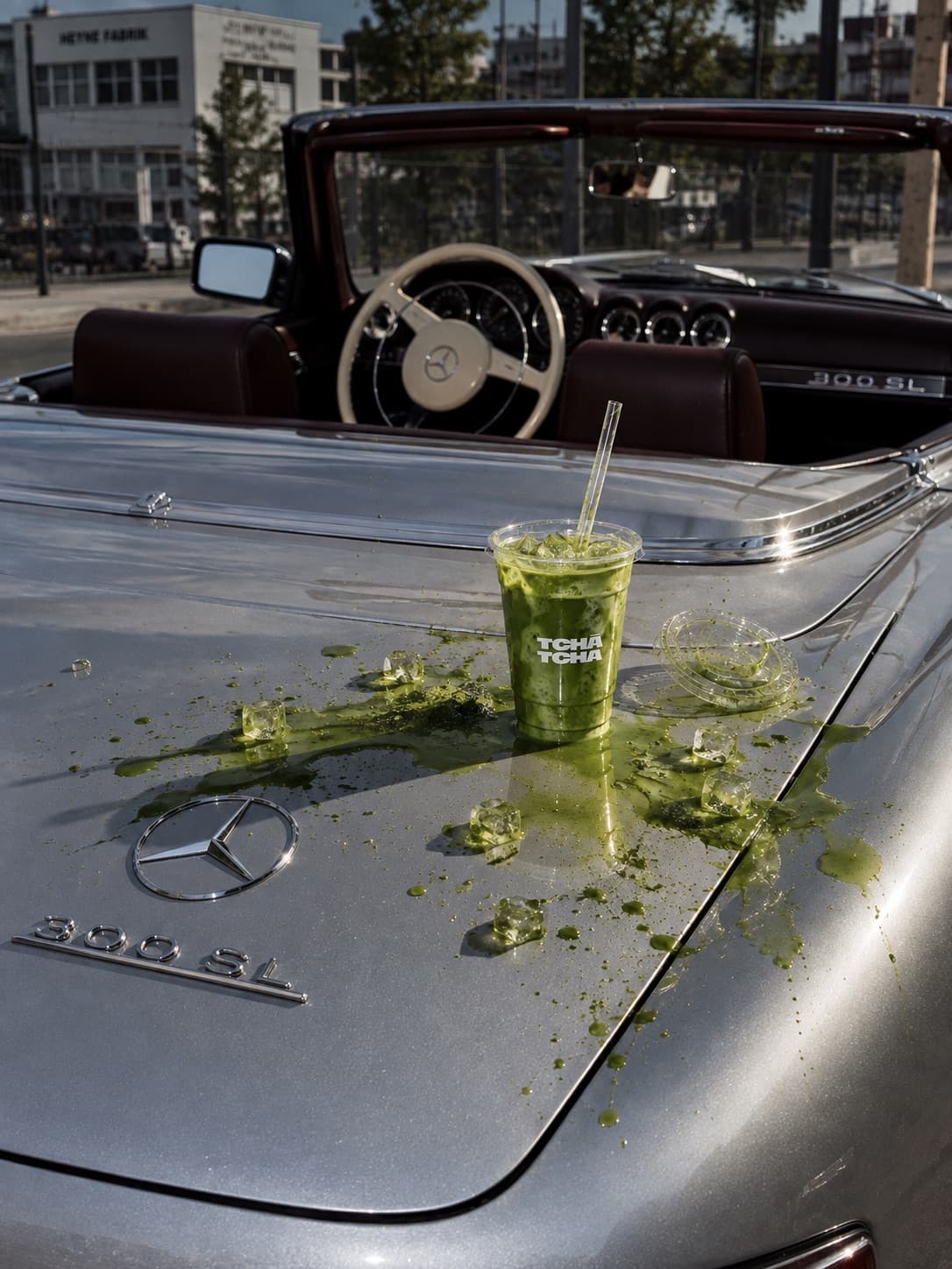 メルセデス 300 SL のボンネットの上のアイス抹茶と、こぼれた抹茶