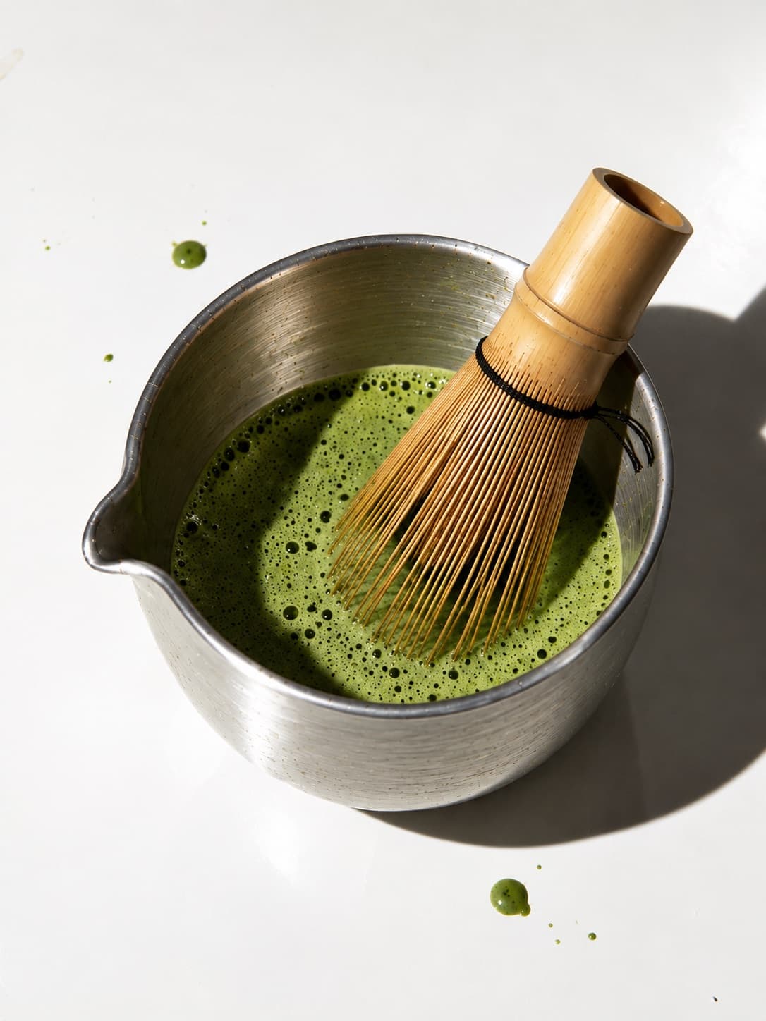 竹の茶筅と、点てた抹茶の入ったステンレスの器